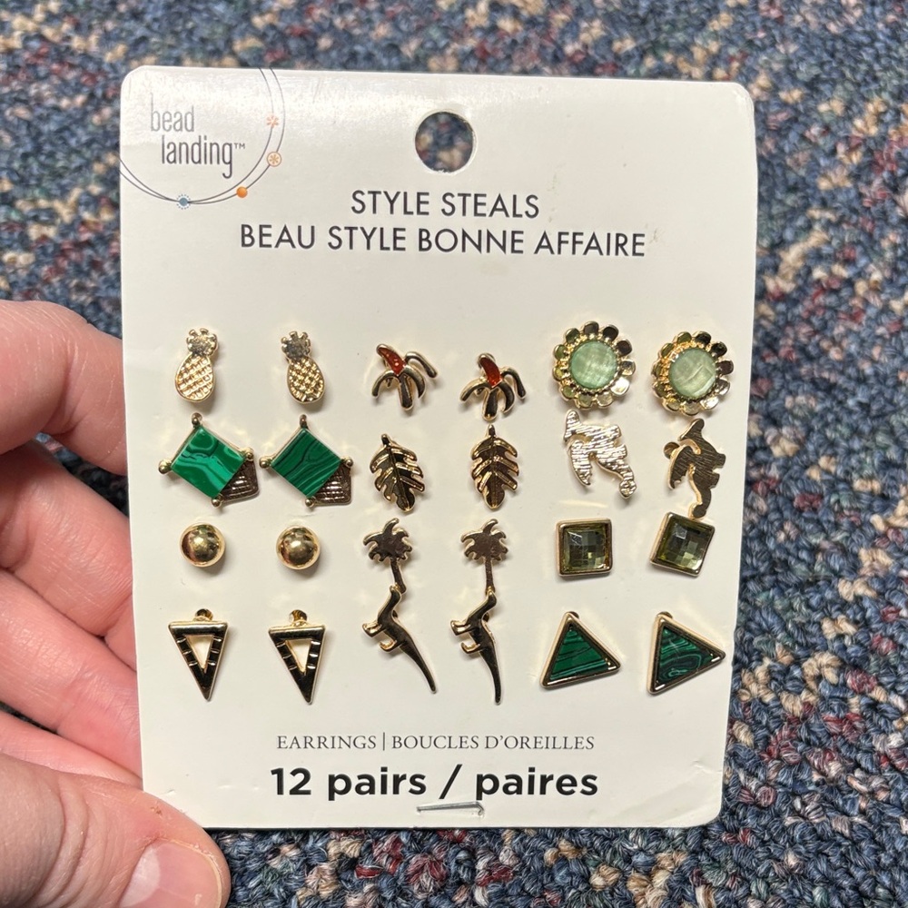 New Bead Landing Gold and Green Earrings Set 12 pairs